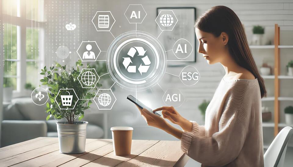 한 명의 여성이 스마트폰으로 상품을 검색하고 있음.